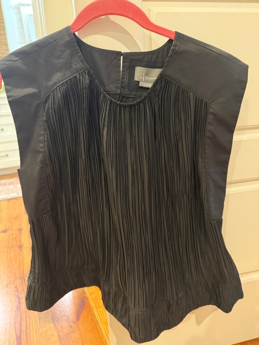 Anthropologie Black Pleated Cap-Sleeve Blouse